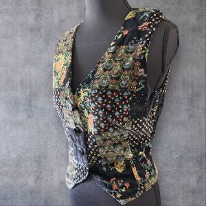 Vintage Velvet Waistcoat Vest Boho Fitted Multicolor Patchwork Black Size S